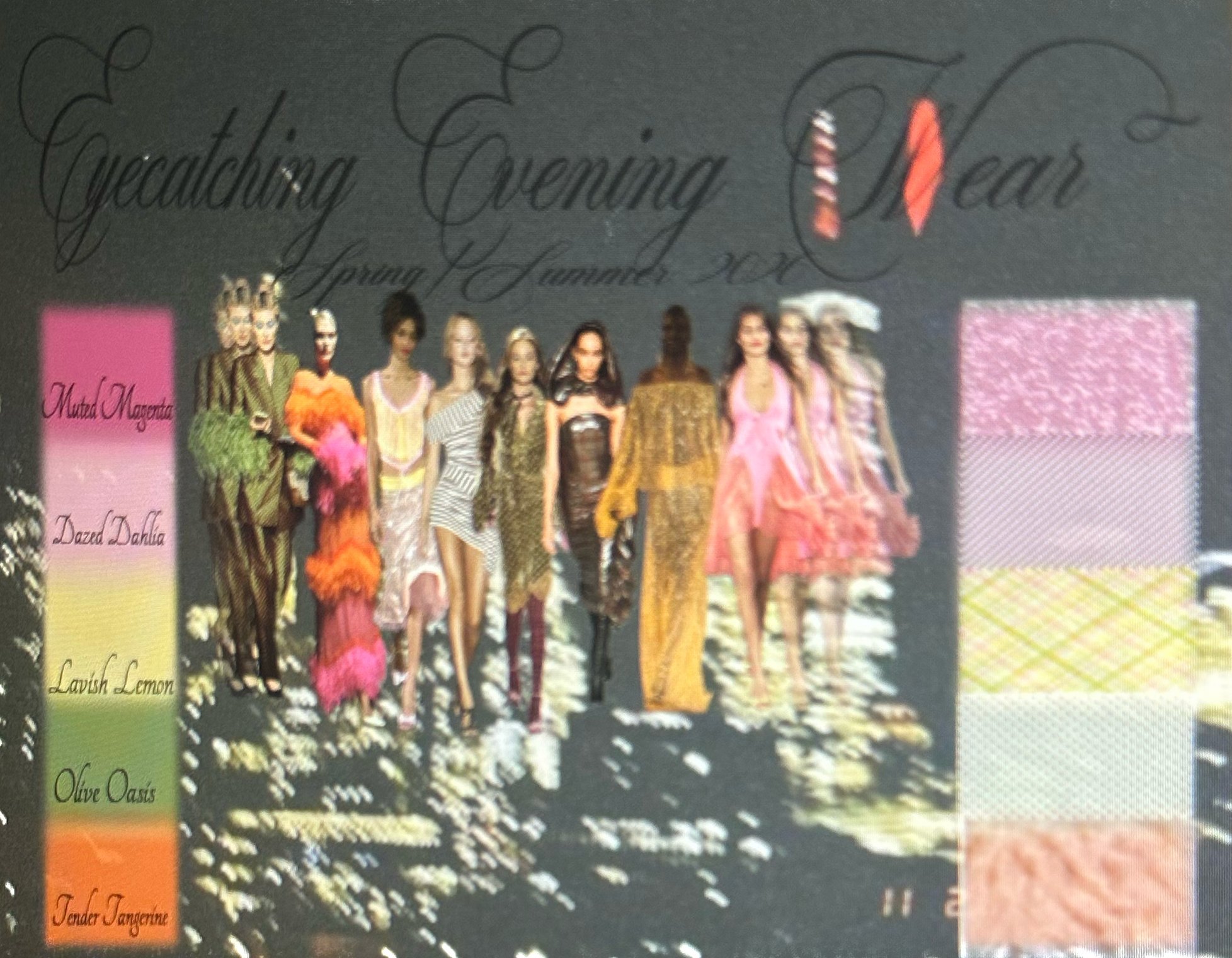 Eyecatching Evening Wear Spring/Summer mood board: a runway lineup of feathered, fringed, sequined, and ruffled looks between a color palette of Muted Magenta, Dazed Dahlia, Lavish Lemon, Olive Oasis, and Tender Tangerine and five fabric swatches