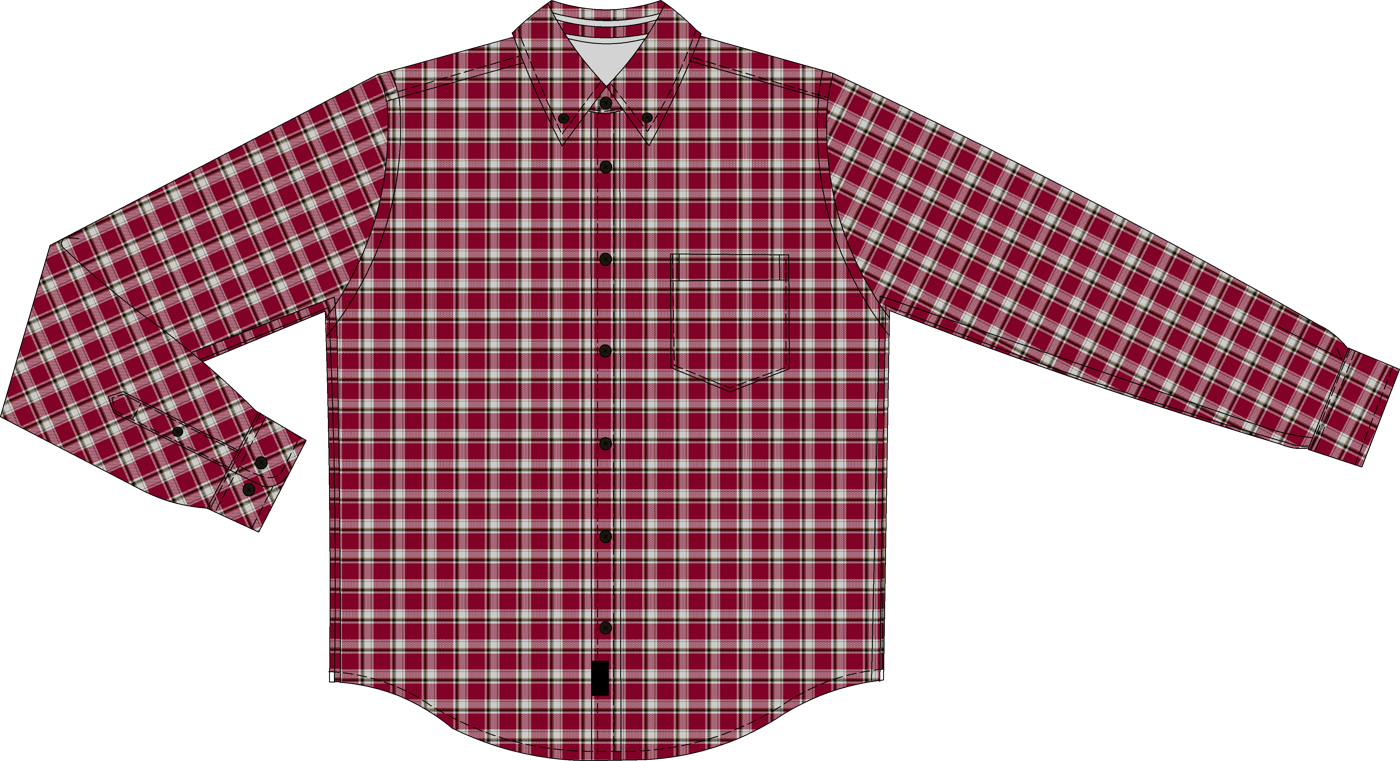 Technical flat of a long-sleeve button-down shirt in red tartan